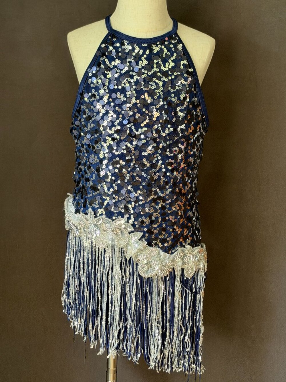 Weissman Navy Silver Sequin Asymmetrical Fringe Jazz Dress Dance Costume XLC
